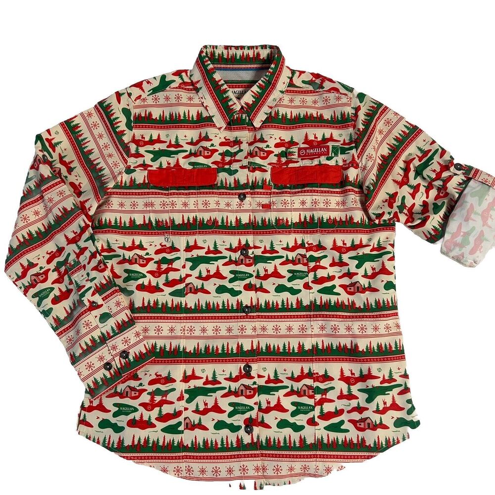 Magellan S Christmas Fishing Moisture Wicking Vented Multicolor Roll Tab Cabins